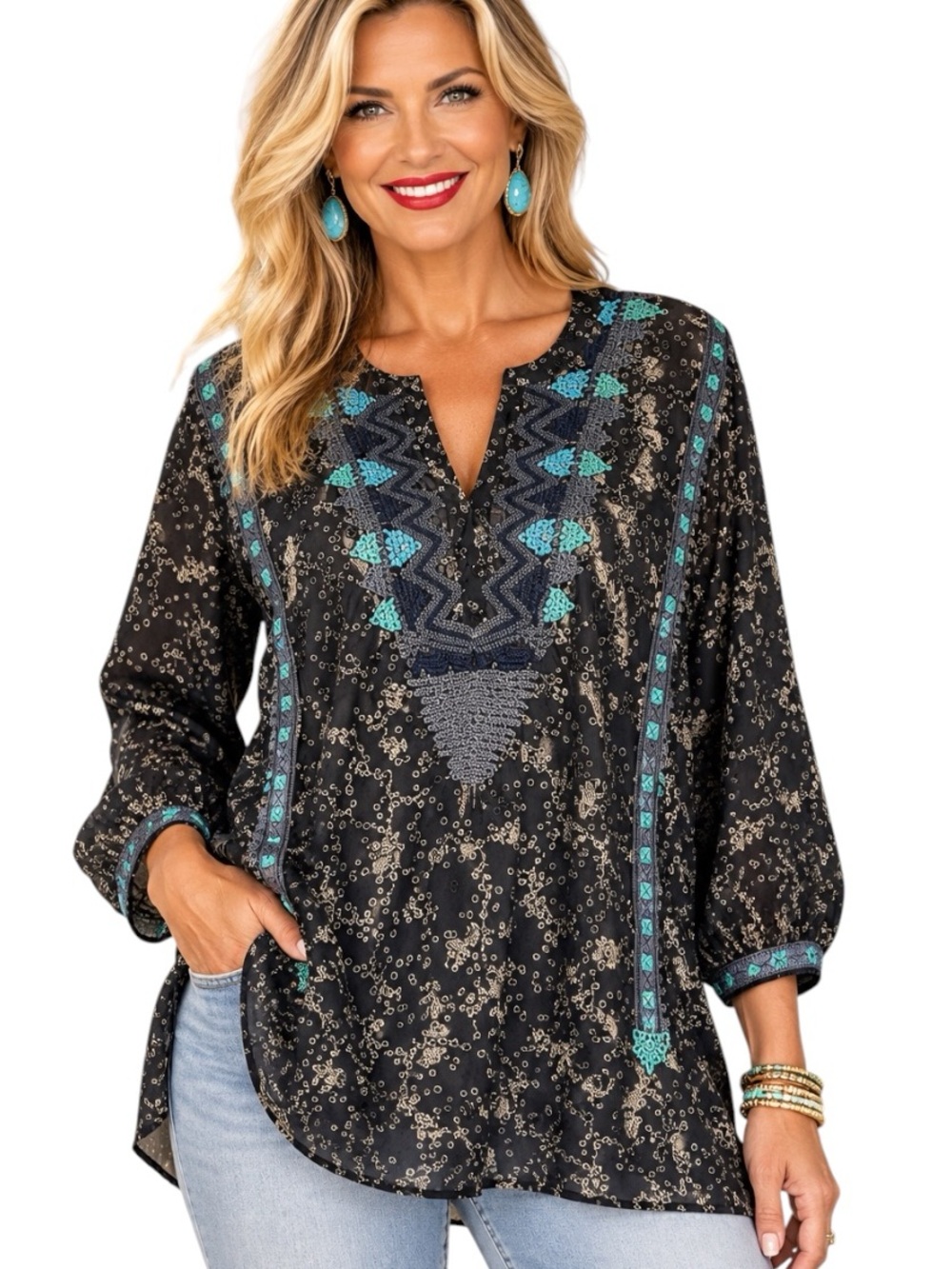 Johnny Was Biya Ditzy Garden Taraji Embroidered Silk Tunic NWT RARE